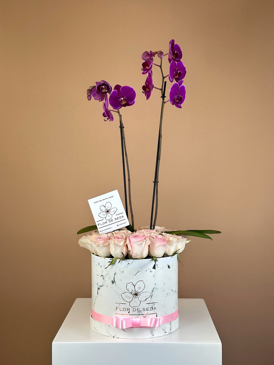 Caja con 25 rosas y orquídeas phalaenopsis